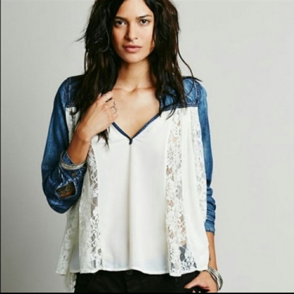 Free People Tops - Free People Ivory Sheer Chiffon Lace Denim Blouse